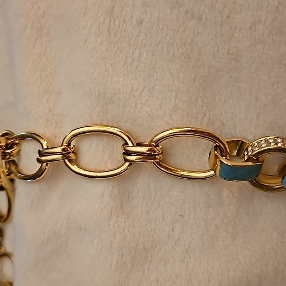 Vintage 1990s Chunky Rhinestone Turquoise Blue Enamel Circle Link Chain Necklace - Picture 5 of 7